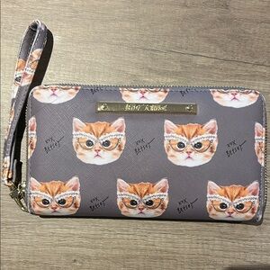 Betsey Johnson Cat Print Wristlet in Gray and Orange